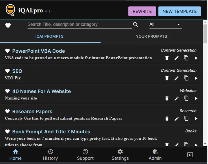 Screenshot of AI prompt and history manager extension